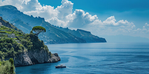 Wall Mural - Amalfi coast coastline in Sorrentine Peninsula, Campania region, Italy. Holiday destination shoreline with hills, beaches, and cliffs, sea view, blue sky day wallpaper background