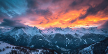 Swiss Alps Snowy Mountain Range With Valleys And Meadows, Switzerland Landscape. Golden Hour Sunset, Serene Idyllic Panorama, Majestic Nature, Relaxation, Calmness Concept