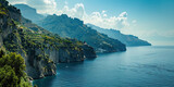 Fototapeta  - Amalfi coast coastline in Sorrentine Peninsula, Campania region, Italy. Holiday destination shoreline with hills, beaches, and cliffs, sea view, blue sky day wallpaper background