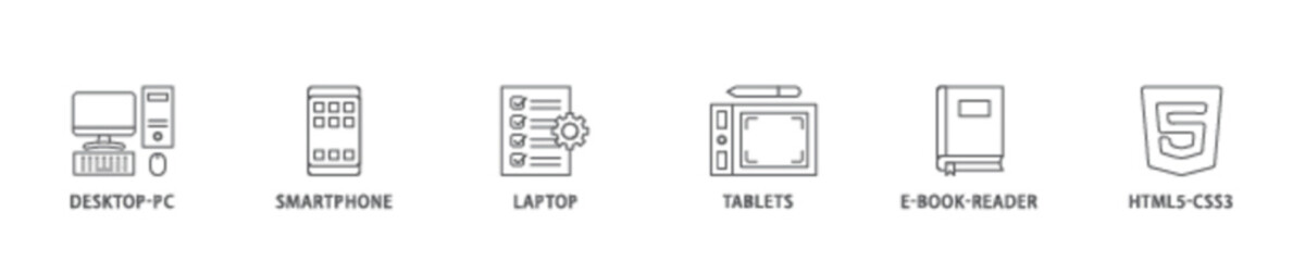 Poster - Responsive web design icon set flow process illustrationwhich consists of tablets, html5 css3, e book reader, laptop, smart phone, desktop pc icon live stroke and easy to edit 