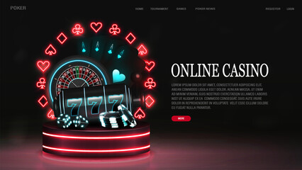 Wall Mural - A web banner with roulette, slot machine, chips, dice and poker cards on a podium with a neon frame of suits. A concept for a casino.