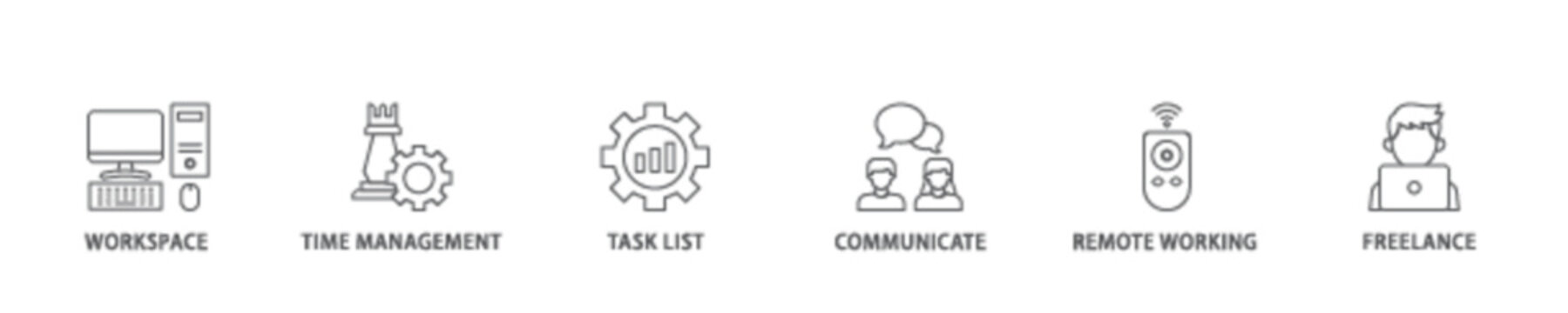 Work from home icon set flow process illustrationwhich consists of workspace, time management, task list, communicate, remote working and freelance icon live stroke and easy to edit 