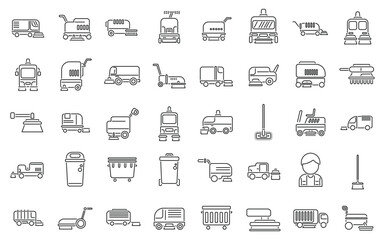 Poster - Sweeper icons set outline vector. Street truck machine. Broom clean road