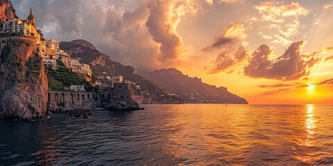 Wall Mural - Amalfi coast coastline in Sorrentine Peninsula, Campania region, Italy. Holiday destination shoreline with hills, beaches, and cliffs, sea view, sunset golden hour wallpaper