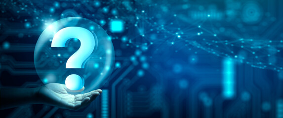 Man hand holding digital question mark holographic. Abstract Technology background. Q and A discussion. FAQ, Support, Question and Answer. Help service business Concept