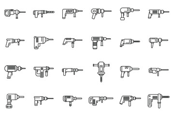 Sticker - Electric hammer drill icons set outline vector. Construction tool. Industry chisel