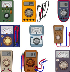 Poster - multimeter icons set cartoon vector. digital voltmeter. electric test meter