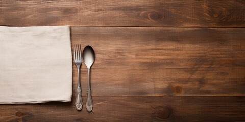Wall Mural - Top view of a wooden table with a wood cutting board, linen napkin, knife, and fork, along with empty space for copying