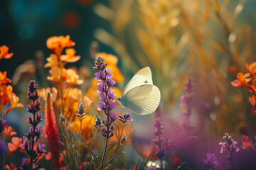 Wall Mural - Butterfly on the spring field. Background with selective focus and copy space