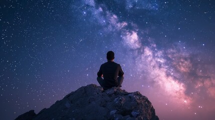 Wall Mural - man sitting on a hill watching the stars at night