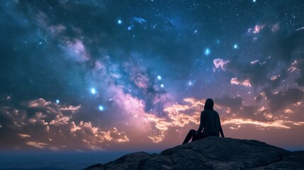 Wall Mural - man sitting on a hill watching the stars at night without pollution