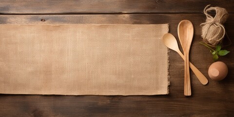 Wall Mural - Top view of wooden table with copy space, featuring a wood cutting board, burlap, and utensils.