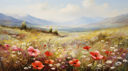 Wall Mural - Art oil painting with meadow mountain flowers in spring