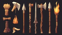 Handmade Illustration Of A Group Of Caveman Weapons. History Concept Of Weapons From The Past In 3d On A White Background And In High Resolution And High Quality, For Designs Or Games