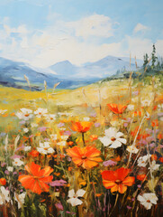 Sticker - Art oil painting with meadow mountain flowers in spring