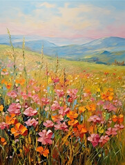 Sticker - Art oil painting with meadow mountain flowers in spring