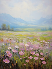 Sticker - Art oil painting with meadow mountain flowers in spring