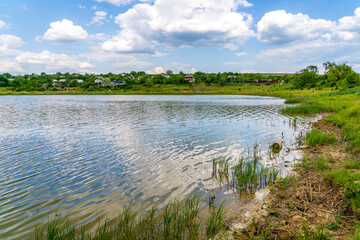 Wall Mural - Lake or pond. Background with selective focus and copy space