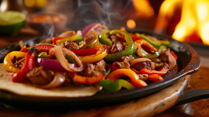 Wall Mural - A platter of sizzling fajitas with a medley of colorful peppers and onions hot off the grill and served with warm tortillas. Flames dance in the background adding to the sizzling