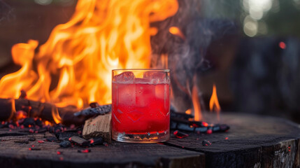 Wall Mural - A tail shaker is aglow with flames as wood chips smolder inside infusing a vibrant red drink with the essence of a campfire. Notes of mesquite and applewood tantalize the