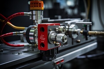 A Close-up View of a Proximity Switch Mounted on an Industrial Machine, Highlighting its Metallic Surface and Intricate Wiring System