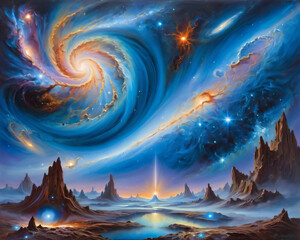 mystical celestial horizons - unreal cosmic scenery with celestial bodies and distant nebula glowing