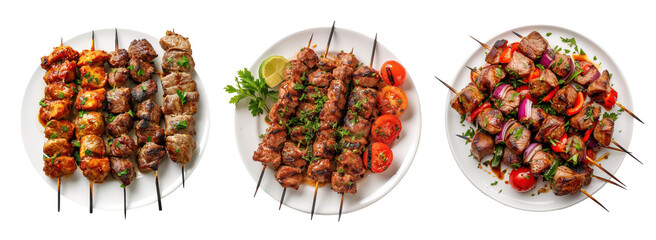 Top view of kebabs skewers of marinated meat and some veggies over isolated transparent background