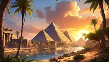 Ancient Egyptian Oasis: Vibrant Life Along The Banks Of The River Nile - High-Quality Vector Art Capturing The Richness Of Egypt's History, Culture, And Natural Beauty. Travel And History. Generative