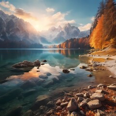 Wall Mural - Autumn landscape, beautiful lake with sunset. background for poster, banner, web, social media. ai generative design