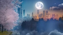 Cherry Blossom Tree And A City Skyline Enveloped In Mist, With A Bright Full Moon Illuminating The Night Sky
