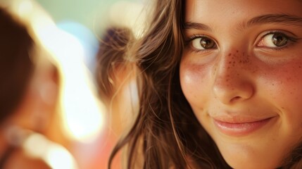 A teenage girl with a forced smile looking out of place at a party.