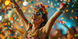 close shoot of a Beautiful dancer woman in costum and carnival make up in rio de janeiro carnival event between confettis her face ful of joy and happiness colorful clothes full of feathers