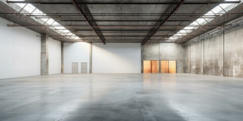 Poster - an empty warehouse with concrete floors and a large window. generative ai.