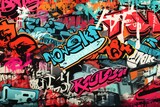Fototapeta Młodzieżowe - Multicolor Dirty Graffiti Tags And Throw ups pattern, Abstract Dirty Graffiti Tags Wallpaper, Graffiti Background, Graffiti Wallpaper, Graffiti Pattern, AI Generative