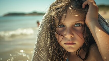 A young girl covers up her body at the beach unable to enjoy the sunshine and water like her carefree friends.