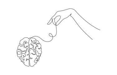 Aufkleber - Continuous one line drawing of mental health concept with hand and human brain. Symbol of clean mind and brain diseases in simple linear style. Editable stroke. Doodle Vector illustration
