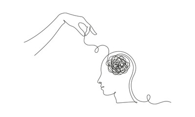 Wall Mural - Continuous one line drawing of mental health concept. Symbol of confused thoughts and problems and psychologist helping to untangle the knot in simple linear style. Doodle Vector illustration