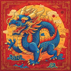 Wall Mural - A lovely Chinese dragon on red in a golden setting