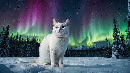 Wall Mural - A majestic white cat exploring a snowy forest under the northern lights Generative AI