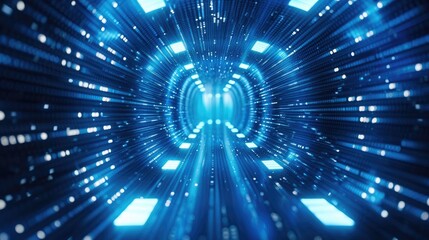 Leinwandbilder - Abstract concept of blue tunnel with computer number matrix code. big data information internet storage connection server in a tech company. Generative AI.