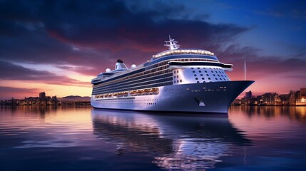 luxury cruise ship sailing into harbor at dusk. generative ai