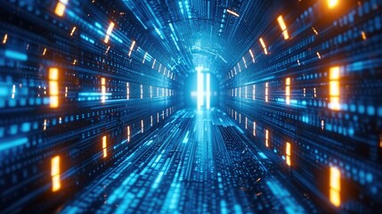 Poster - Abstract concept of blue tunnel with computer number matrix code. big data information internet storage connection server in a tech company. Generative AI.
