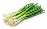Fototapeta Do akwarium - Fresh spring onions elegantly arranged on a clean white background. This composition emphasizes the green stems and white heads of the onions. and appetizing