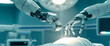 An automated robot with arms performs surgery on a human in the operating room. Artificial intelligence replaces surgeons