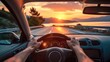 © visoot - Hands of car driver on steering wheel road trip drive in summer vacation at sunset. Generative AI.