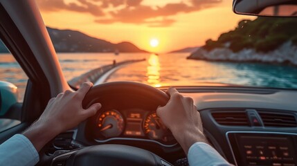 Poster - Hands of car driver on steering wheel road trip drive in summer vacation at sunset. Generative AI.