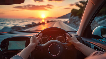 Wall Mural - Hands of car driver on steering wheel road trip drive in summer vacation at sunset. Generative AI.