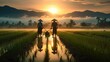 © visoot - Asian farmer workers working at rice farm fields and harvesting rice. Generative AI.