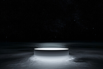 Wall Mural - Abstact 3d render background, Podium with glowing white light shining on the water surface in the night, Backdrop night sky and stars for product display, advertising, mockup or etc