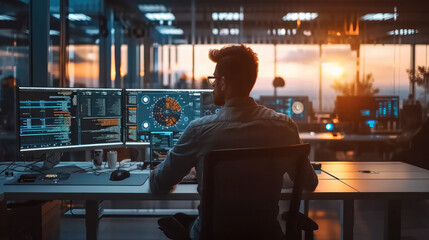 Leinwandbilder - Programming and engineering on his computer and typing on the keyboard writing codes and programs in a modern tech company office. numbers and graphs on screen. Generative AI.